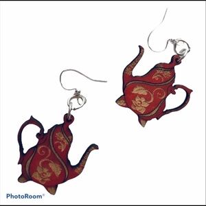 Green Tree Earrings Small Red Wood Teapot Lightweight